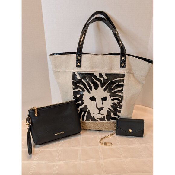 Anne Klein Canvas Tote Bag Patent Leather Handles Rope Trim W/ Accessory Pouches - Picture 1 of 16